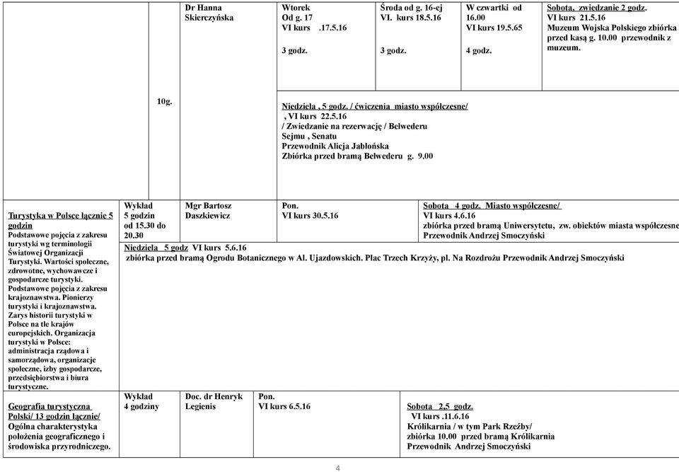 9.00 Turystyka w Polsce łącznie 5 godzin Podstawowe pojęcia z zakresu turystyki wg terminologii Światowej Organizacji Turystyki. Wartości społeczne, zdrowotne, wychowawcze i gospodarcze turystyki.