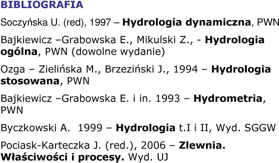 , 1994 Hydrologia stosowana, PWN Bajkiewicz Grabowska E. i in.