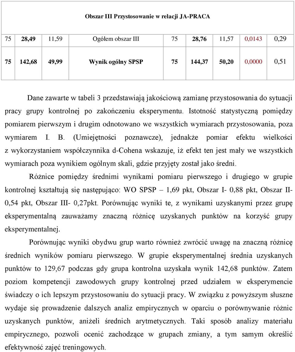 Istotność statystyczną pomiędzy pomiarem pierwszym i drugim odnotowano we wszystkich wymiarach przystosowania, poza wymiarem I. B.