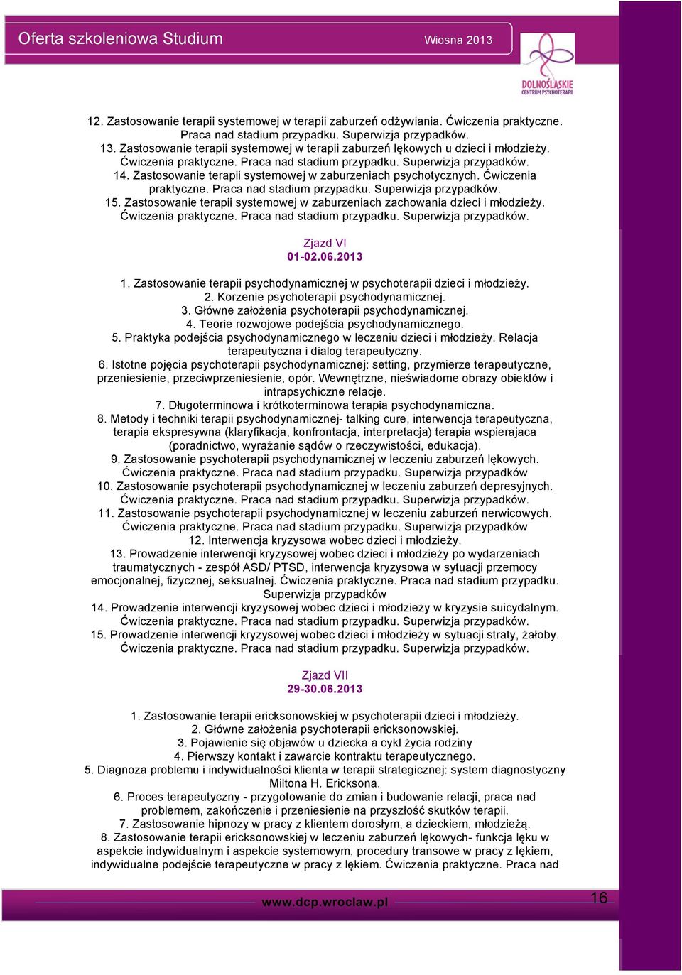 Zastosowanie terapii systemowej w zaburzeniach psychotycznych. Ćwiczenia praktyczne. Praca nad stadium przypadku. Superwizja przypadków. 15.