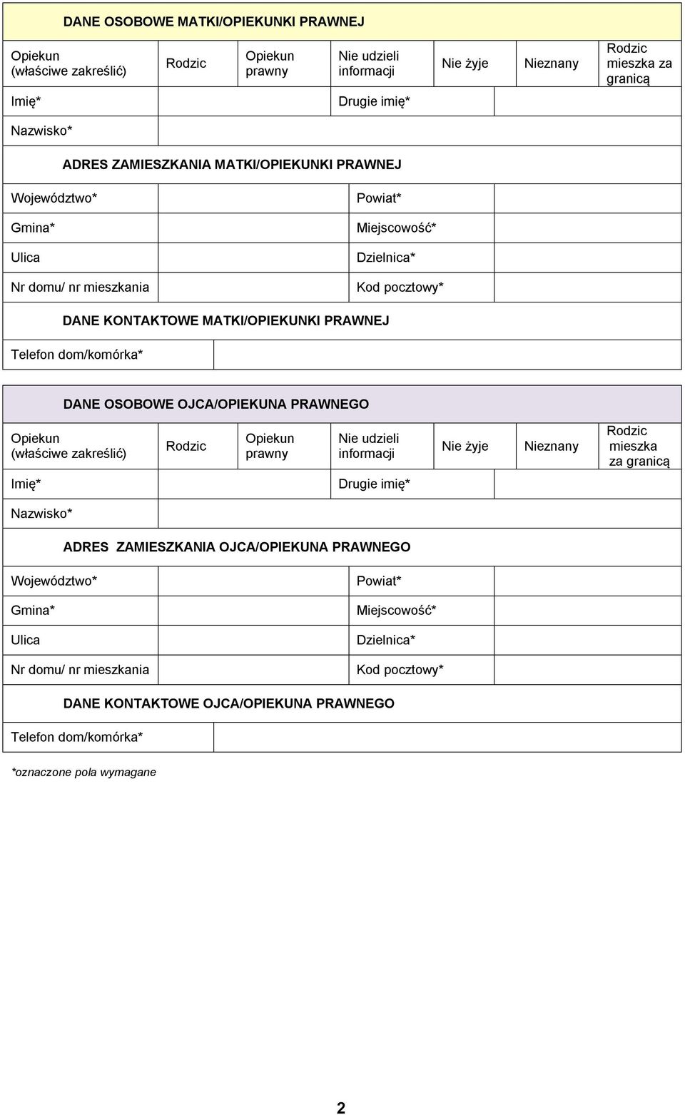 DANE OSOBOWE OJCA/OPIEKUNA PRAWNEGO (właściwe zakreślić) prawny Nie udzieli informacji Nie żyje Nieznany mieszka za granicą Imię* Drugie imię* Nazwisko* ADRES ZAMIESZKANIA