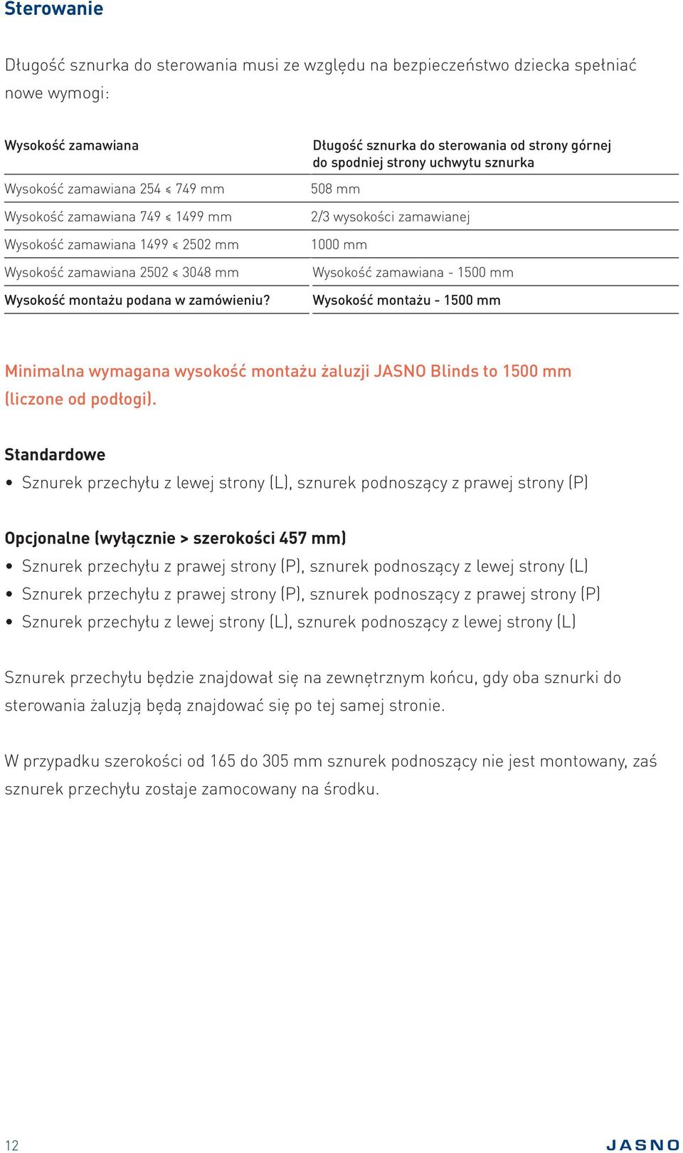 Długość sznurka do sterowania od strony górnej do spodniej strony uchwytu sznurka 508 mm 2/3 wysokości zamawianej 1000 mm Wysokość zamawiana - 1500 mm Wysokość montażu - 1500 mm Minimalna wymagana