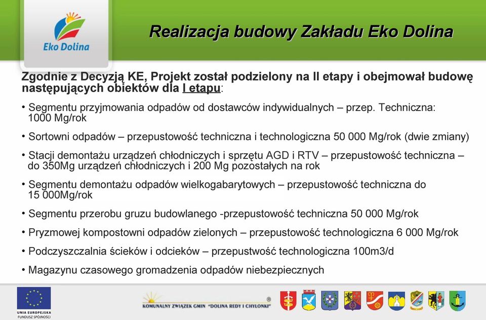 Techniczna: 1000 Mg/rok Sortowni odpadów przepustowość techniczna i technologiczna 50 000 Mg/rok (dwie zmiany) Stacji demontażu urządzeń chłodniczych i sprzętu AGD i RTV przepustowość techniczna do