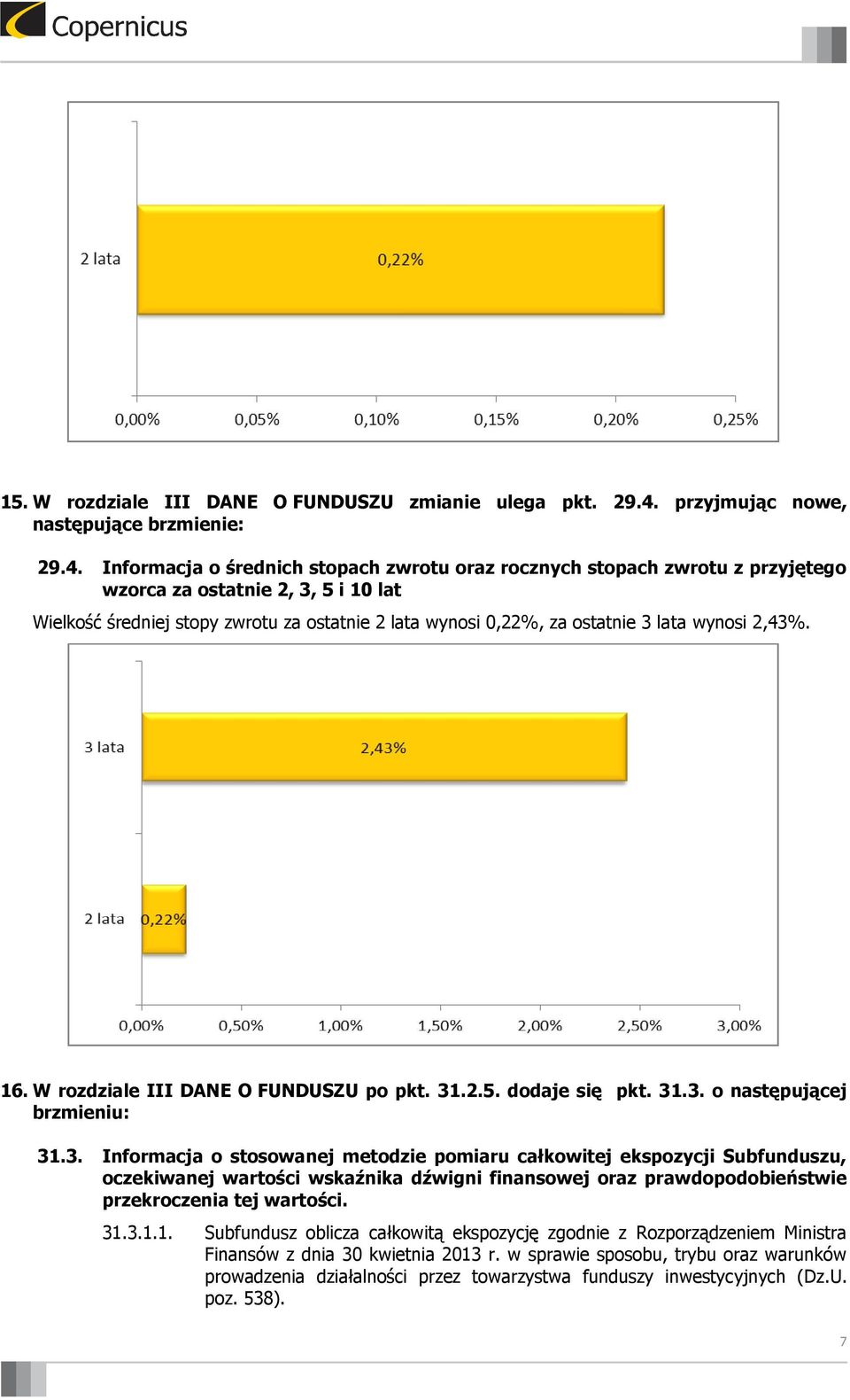 Informacja o średnich stopach zwrotu oraz rocznych stopach zwrotu z przyjętego wzorca za ostatnie 2, 3, 5 i 10 lat Wielkość średniej stopy zwrotu za ostatnie 2 lata wynosi 0,22%, za ostatnie 3 lata