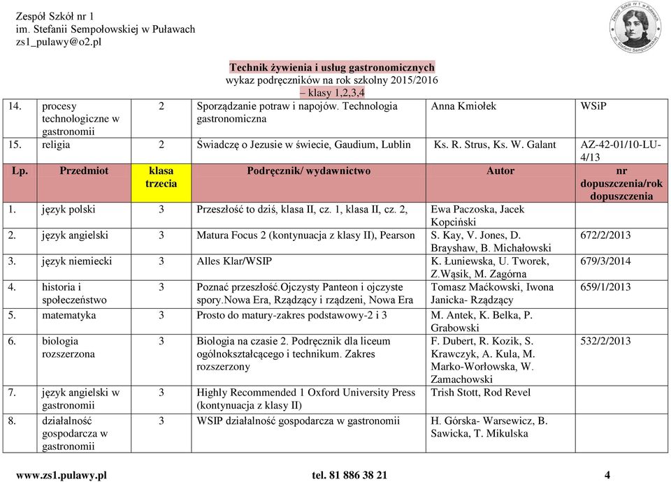 język angielski 3 Matura Focus 2 (kontynuacja z klasy II), Pearson S. Kay, V. Jones, D. Brayshaw, B. Michałowski 3. język niemiecki 3 Alles Klar/WSIP K. Łuniewska, U. Tworek, Z.Wąsik, M. Zagórna 4.