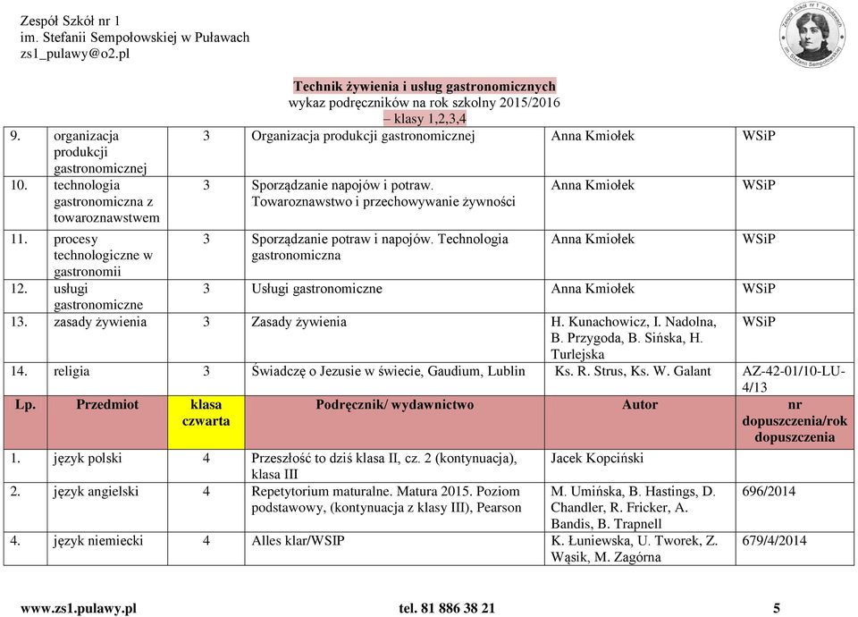 Technologia gastronomiczna 3 Usługi gastronomiczne gastronomiczne 13. zasady żywienia 3 Zasady żywienia H. Kunachowicz, I. Nadolna, B. Przygoda, B. Sińska, H. Turlejska 14.