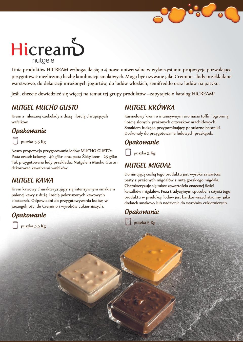 Jeśli, chcecie dowiedzieć się więcej na temat tej grupy produktów zapytajcie o katalog HICREAM! NUTGEL MUCHO GUSTO Krem z mlecznej czekolady z dużą ilością chrupiących wafelków.
