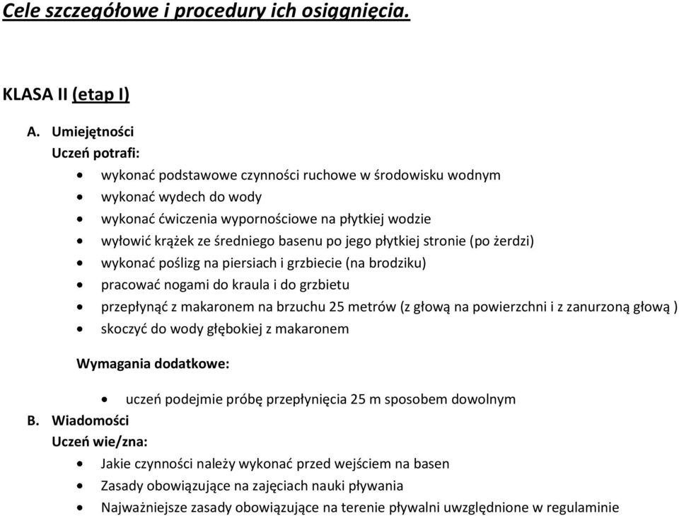 jego płytkiej stronie (po żerdzi) wykonać poślizg na piersiach i grzbiecie (na brodziku) pracować nogami do kraula i do grzbietu przepłynąć z makaronem na brzuchu 5 metrów (z głową na powierzchni i z