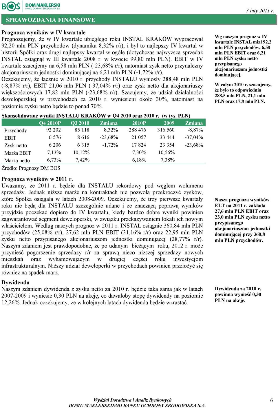 EBIT w IV kwartale szacujemy na 6,58 mln PLN (-23,68% r/r), natomiast zysk netto przynależny akcjonariuszom jednostki dominującej na 6,21 mln PLN (-1,72% r/r). Oczekujemy, że łącznie w 2010 r.