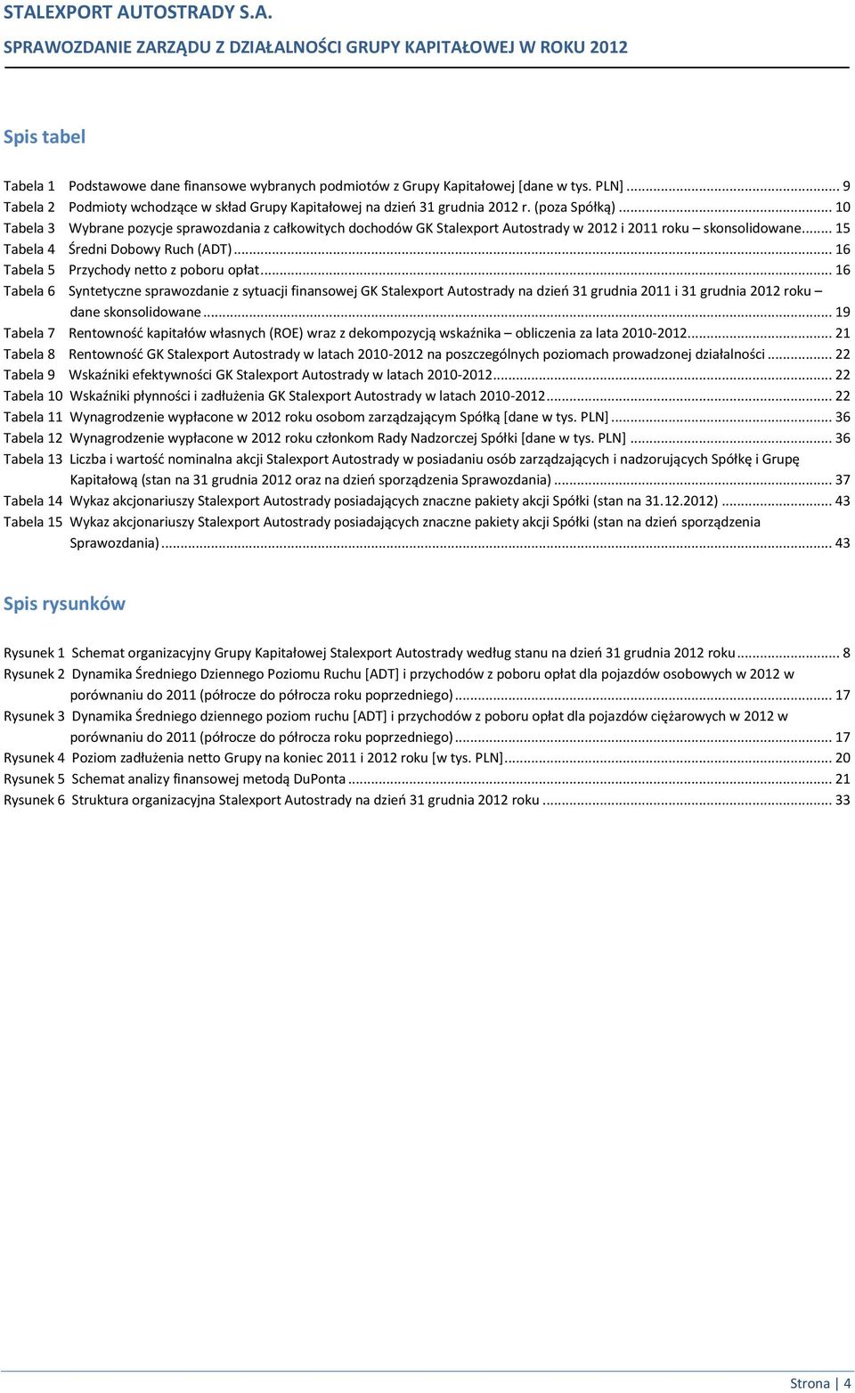 .. 16 Tabela 5 Przychody netto z poboru opłat... 16 Tabela 6 Syntetyczne sprawozdanie z sytuacji finansowej GK Stalexport Autostrady na dzień 31 grudnia 2011 i 31 grudnia 2012 roku dane skonsolidowane.