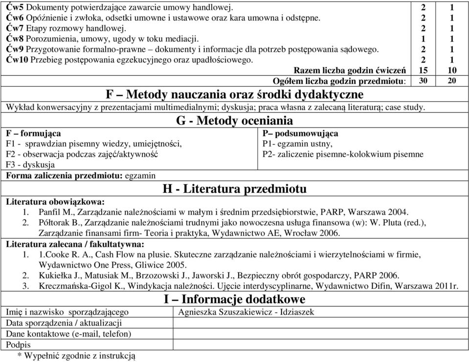 Razem liczba godzin ćwiczeń Ogółem liczba godzin przedmiotu: 0 0 F Metody nauczania oraz środki dydaktyczne Wykład konwersacyjny z prezentacjami multimedialnymi; dyskusja; praca własna z zalecaną