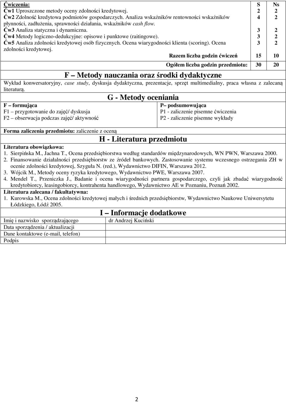 Ćw4 Metody logiczno-dedukcyjne: opisowe i punktowe (raitingowe). Ćw5 Analiza zdolności kredytowej osób fizycznych. Ocena wiarygodności klienta (scoring). Ocena zdolności kredytowej.