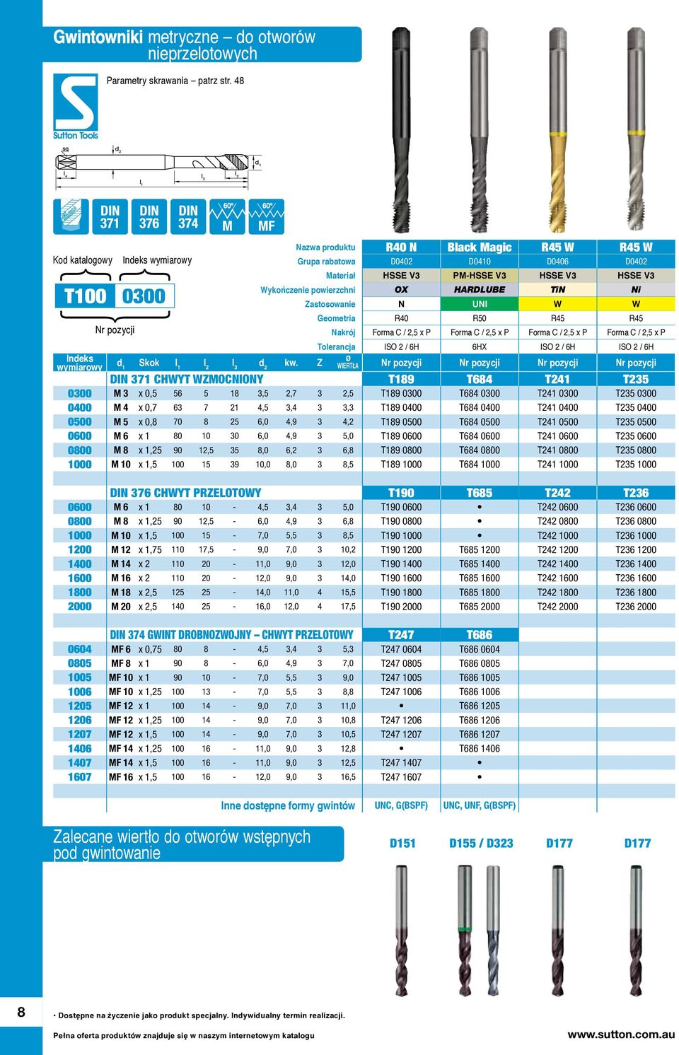 UNI W W Geometria R40 R50 R45 R45 Nakrój Forma C / 2,5 x P Forma C / 2,5 x P Forma C / 2,5 x P Forma C / 2,5 x P Tolerancja ISO 2 / 6H 6HX ISO 2 / 6H ISO 2 / 6H Skok l 1 l 3 kw.