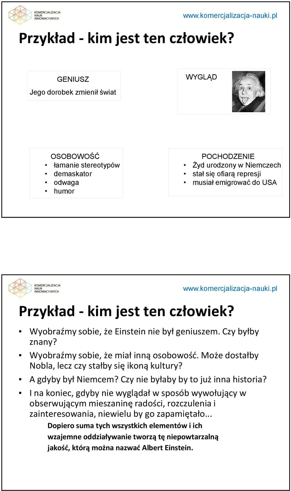 USA Przykład - kim jest ten człowiek? Wyobraźmy sobie, że Einstein nie był geniuszem. Czy byłby znany? Wyobraźmy sobie, że miał inną osobowośd.