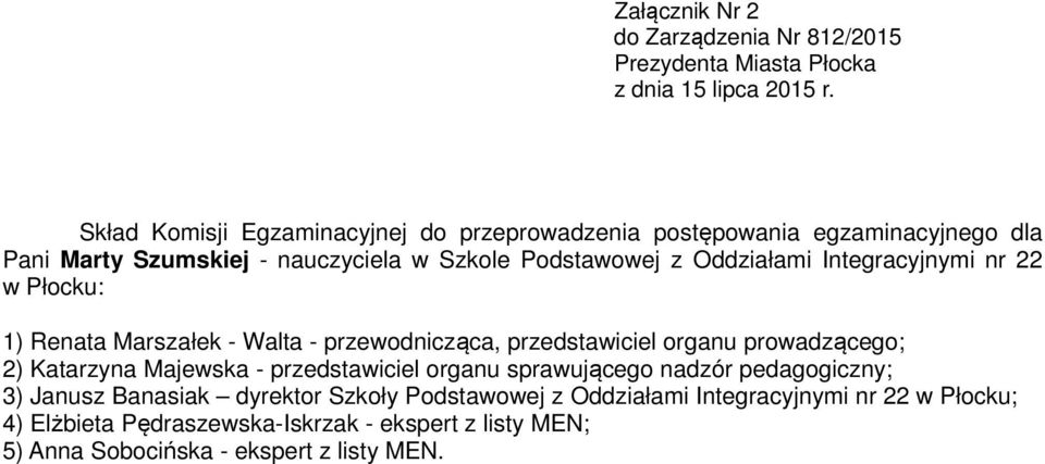 Szkoły Podstawowej z Oddziałami Integracyjnymi nr 22 w Płocku; 4) Elżbieta