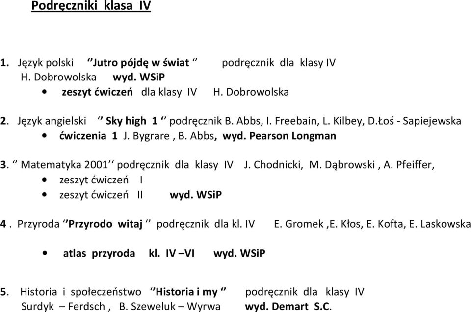 Matematyka 2001 podręcznik dla klasy IV J. Chodnicki, M. Dąbrowski, A. Pfeiffer, zeszyt ćwiczeń I zeszyt ćwiczeń II wyd. WSiP 4.