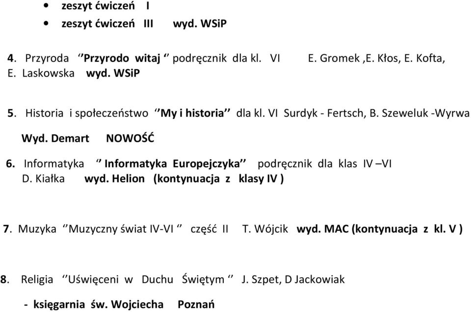 Informatyka Informatyka Europejczyka podręcznik dla klas IV VI D. Kiałka wyd. Helion (kontynuacja z klasy IV ) 7.