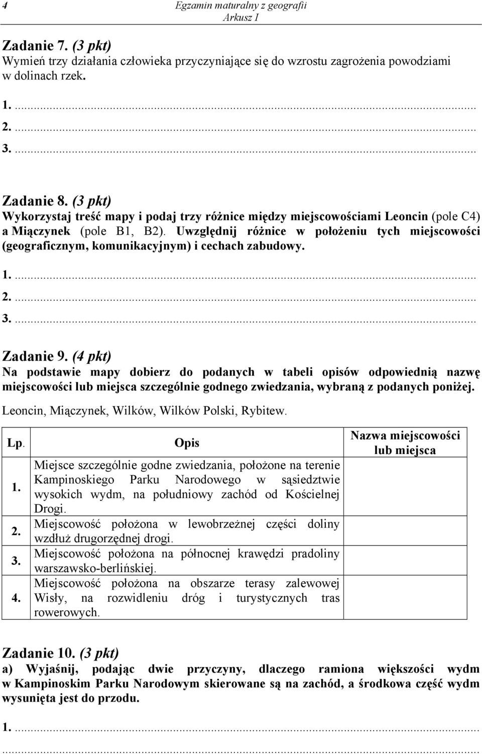 Uwzględnij różnice w położeniu tych miejscowości (geograficznym, komunikacyjnym) i cechach zabudowy. 1.... 2.... 3.... Zadanie 9.