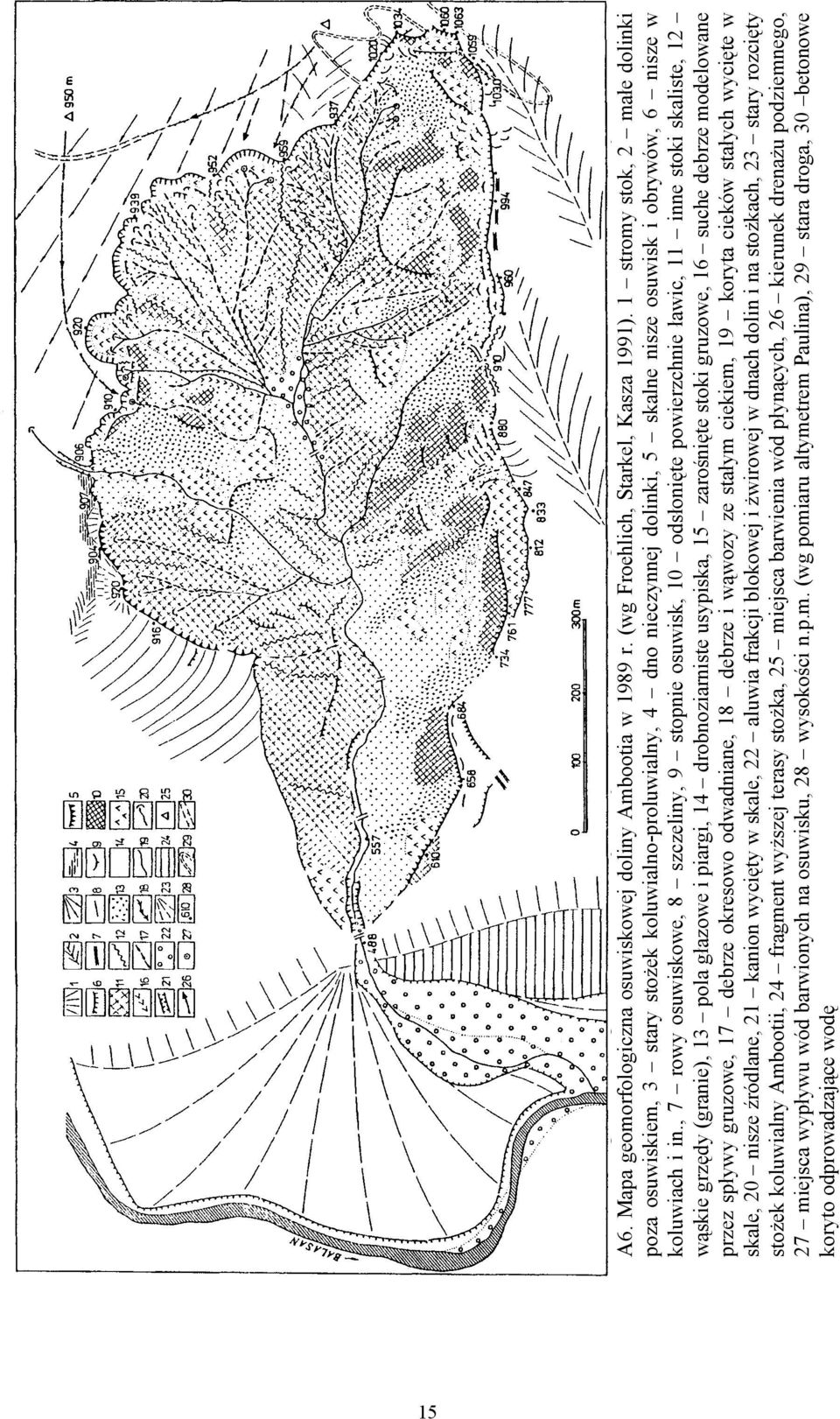 , 7 rowy osuwiskowe, 8 szczeliny, 9 stopnie osuwisk, 10 odsłonięte powierzchnie ławic, 11 inne stoki skaliste, 12 wąskie grzędy (granie), 13 pola głazowe i piargi, 14 drobnoziarniste usypiska, 15