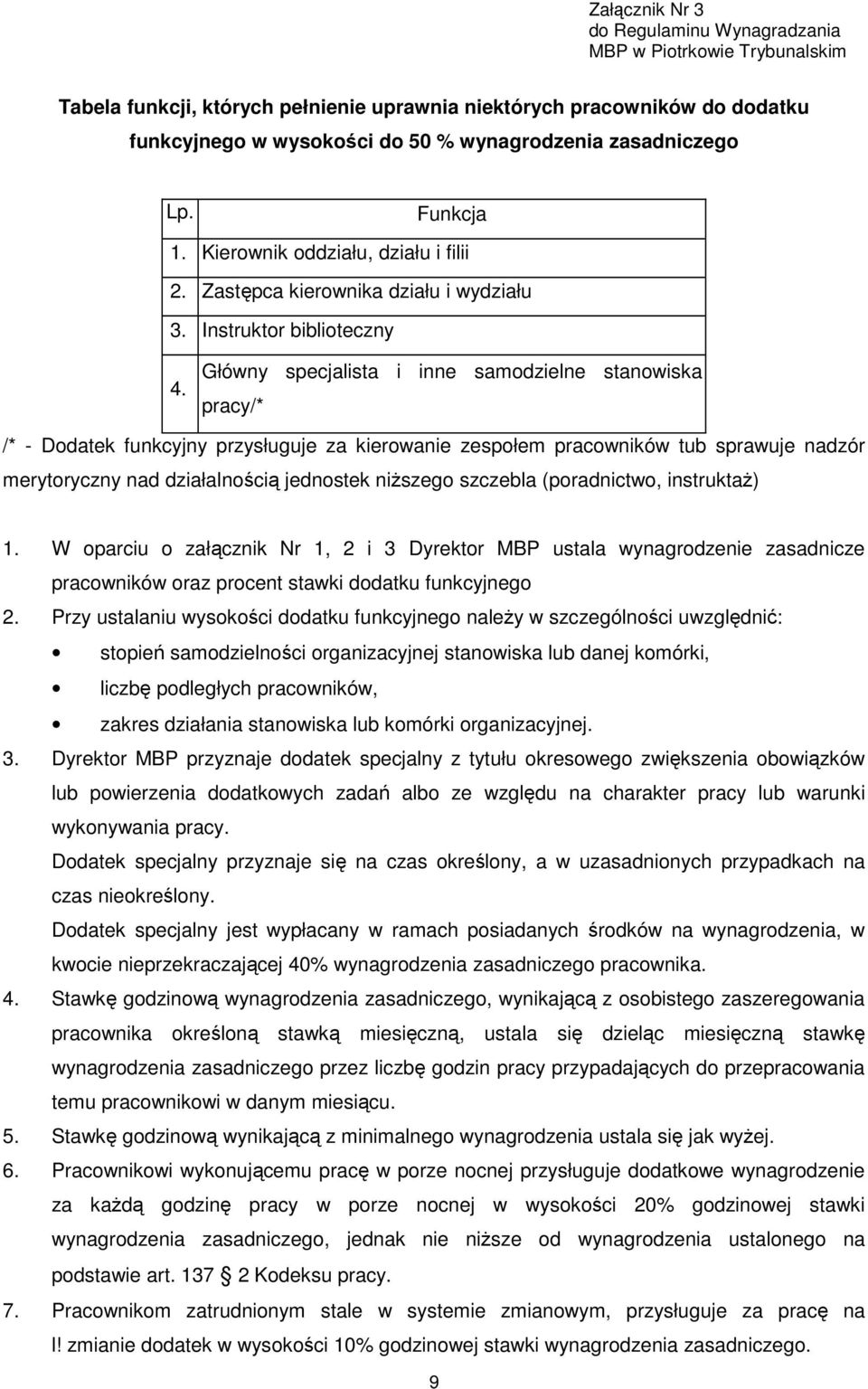 Główny specjalista i inne samodzielne stanowiska pracy/* /* - Dodatek funkcyjny przysługuje za kierowanie zespołem pracowników tub sprawuje nadzór merytoryczny nad działalnością jednostek niższego