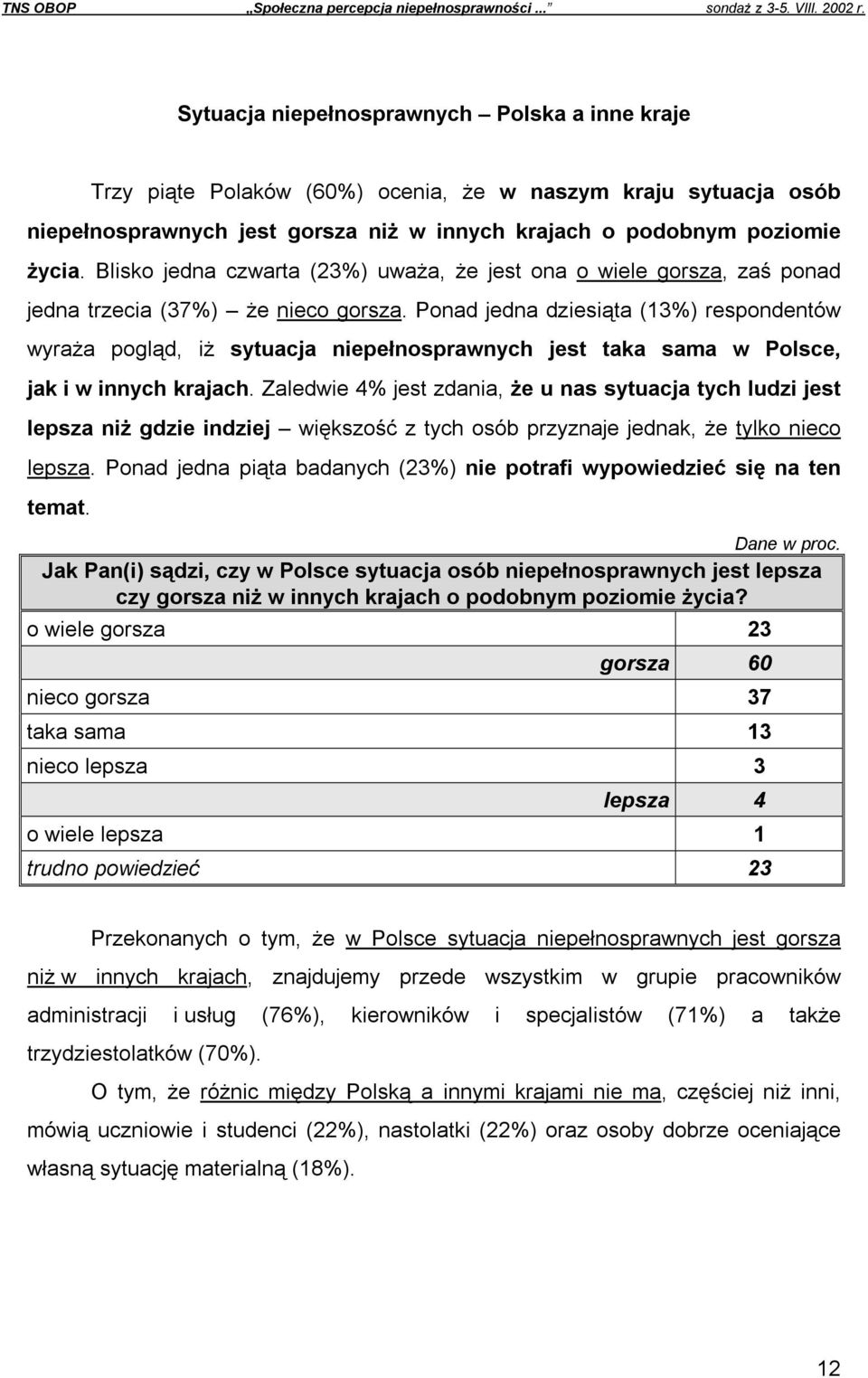 Blisko jedna czwarta (23%) uważa, że jest ona o wiele gorsza, zaś ponad jedna trzecia (37%) że nieco gorsza.