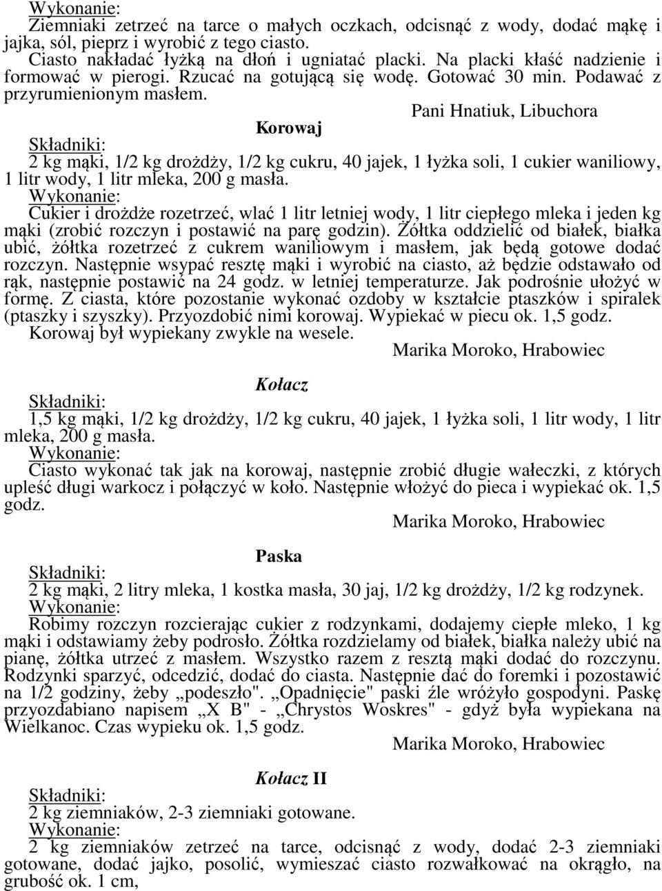 Pani Hnatiuk, Libuchora Korowaj 2 kg mąki, 1/2 kg drożdży, 1/2 kg cukru, 40 jajek, 1 łyżka soli, 1 cukier waniliowy, 1 litr wody, 1 litr mleka, 200 g masła.