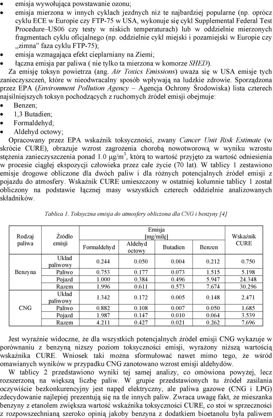 (np. oddzielnie cykl miejski i pozamiejski w Europie czy zimna faza cyklu FTP-75); emisja wzmagająca efekt cieplarniany na Ziemi; łączna emisja par paliwa ( nie tylko ta mierzona w komorze SHED).