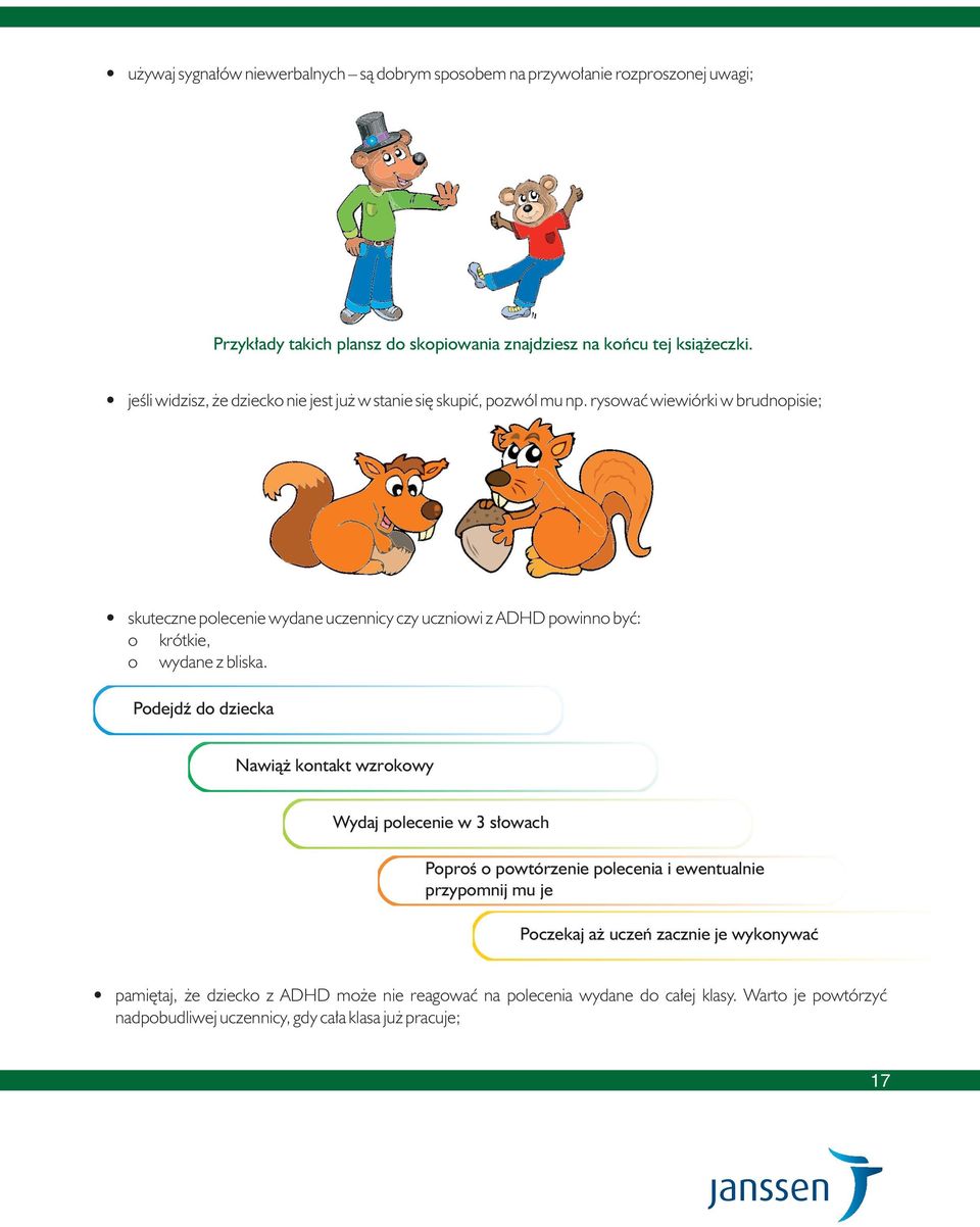 rysować wiewiórki w brudnopisie; skuteczne polecenie wydane uczennicy czy uczniowi z ADHD powinno być: o krótkie, o wydane z bliska.