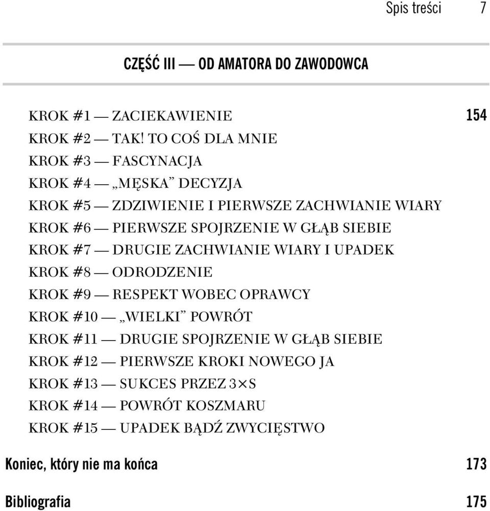 B SIEBIE KROK #7 DRUGIE ZACHWIANIE WIARY I UPADEK KROK #8 ODRODZENIE KROK #9 RESPEKT WOBEC OPRAWCY KROK #10 WIELKI POWRÓT KROK #11