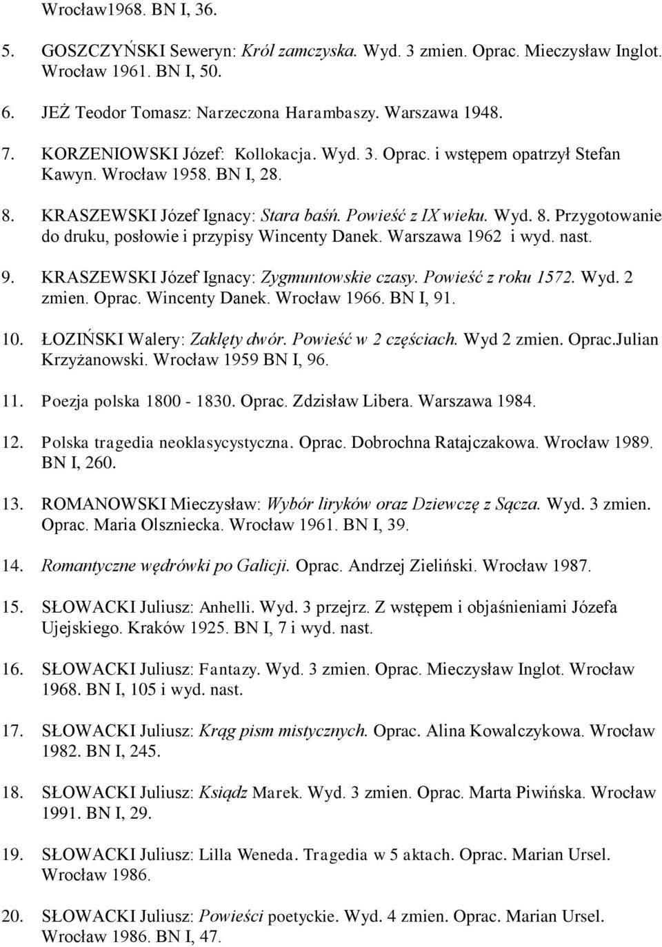 Warszawa 1962 i wyd. nast. 9. KRASZEWSKI Józef Ignacy: Zygmuntowskie czasy. Powieść z roku 1572. Wyd. 2 zmien. Oprac. Wincenty Danek. Wrocław 1966. BN I, 91. 10. ŁOZIŃSKI Walery: Zaklęty dwór.