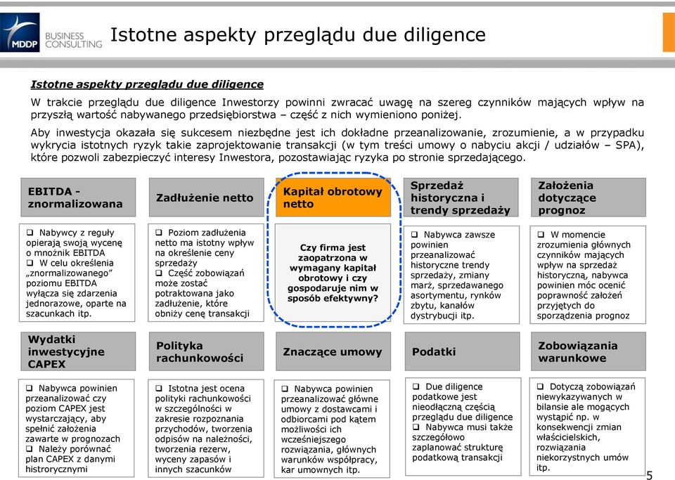 Aby inwestycja okazała się sukcesem niezbędne jest ich dokładne przeanalizowanie, zrozumienie, a w przypadku wykrycia istotnych ryzyk takie zaprojektowanie transakcji (w tym treści umowy o nabyciu