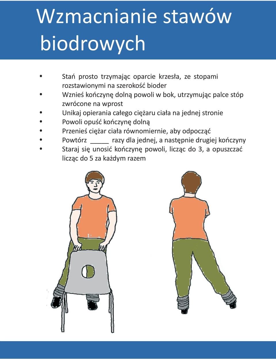 na jednej stronie Powoli opuść kończynę dolną Przenieś ciężar ciała równomiernie, aby odpocząć Powtórz razy dla