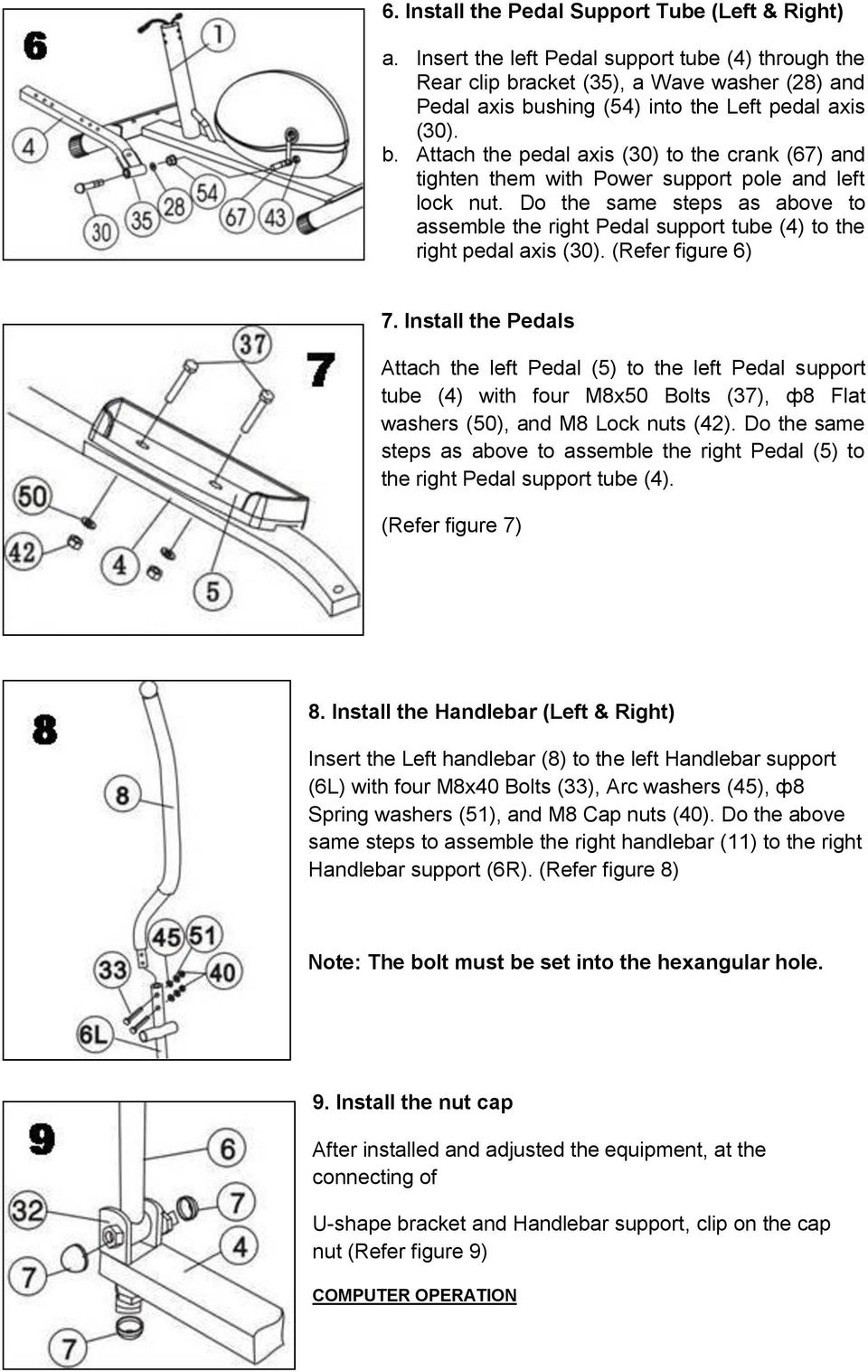 Do the same steps as above to assemble the right Pedal support tube (4) to the right pedal axis (30). (Refer figure 6) 7.