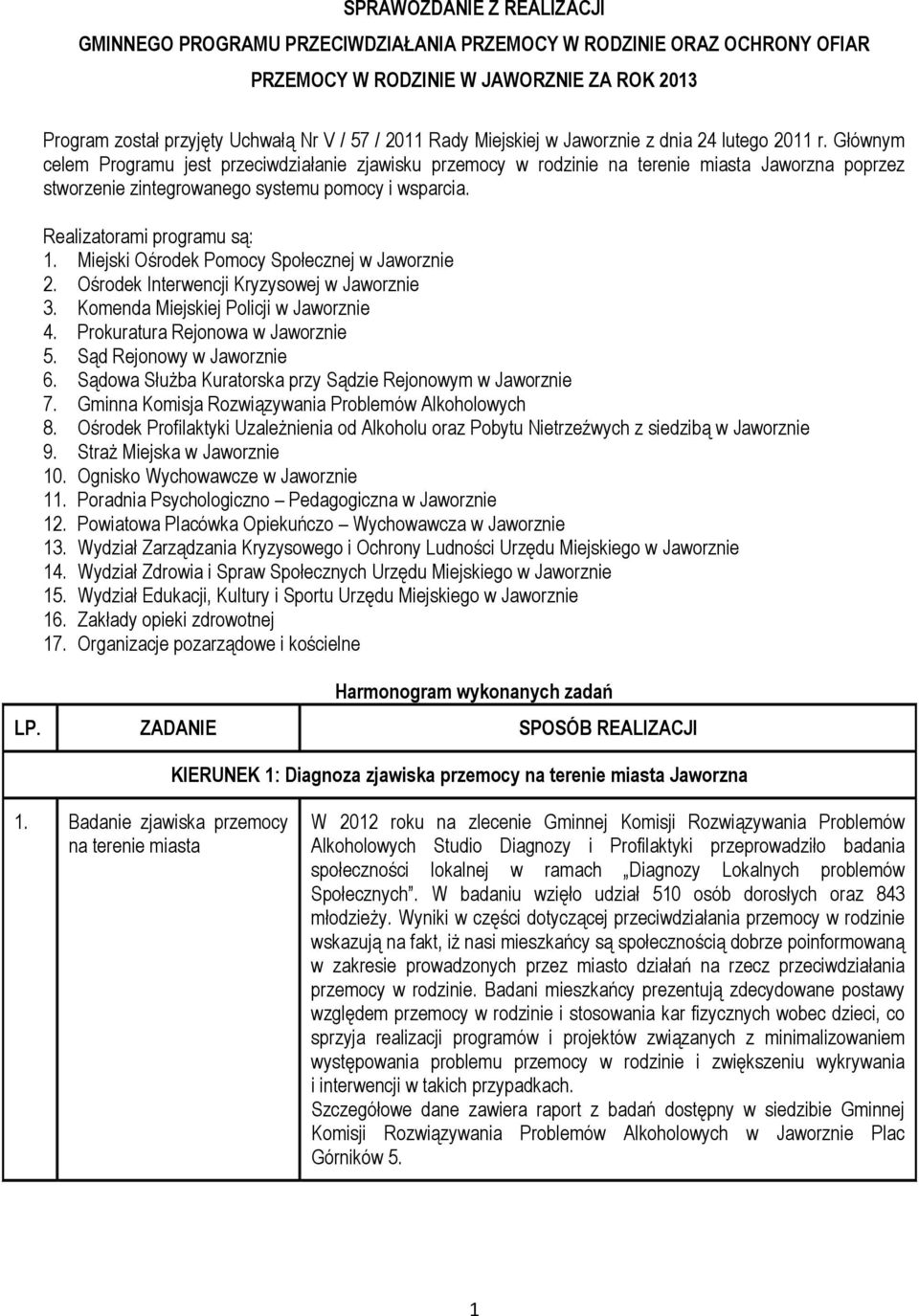 Realizatorami programu są: 1. Miejski Ośrodek Pomocy Społecznej w Jaworznie 2. Ośrodek Interwencji Kryzysowej w Jaworznie 3. Komenda Miejskiej Policji w Jaworznie 4.