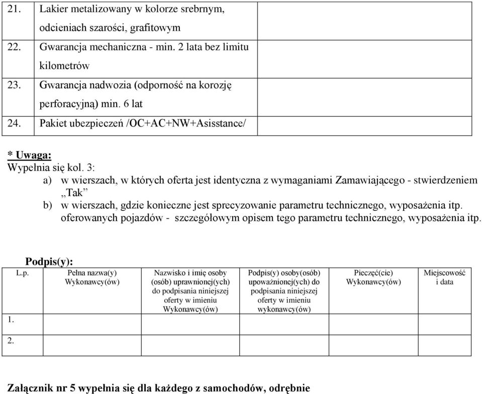 3: a) w wierszach, w których oferta jest identyczna z wymaganiami Zamawiającego - stwierdzeniem Tak b) w wierszach, gdzie konieczne jest sprecyzowanie parametru technicznego, wyposażenia itp.