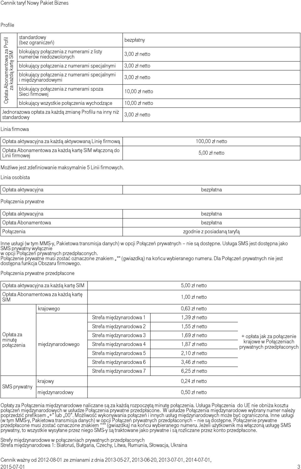 za każdą zmianę Profilu na inny niż standardowy bezpłatny 3,00 zł 3,00 zł 3,00 zł 10,00 zł 10,00 zł 3,00 zł Linia firmowa Opłata aktywacyjna za każdą aktywowaną Linię firmową Opłata Abonamentowa za