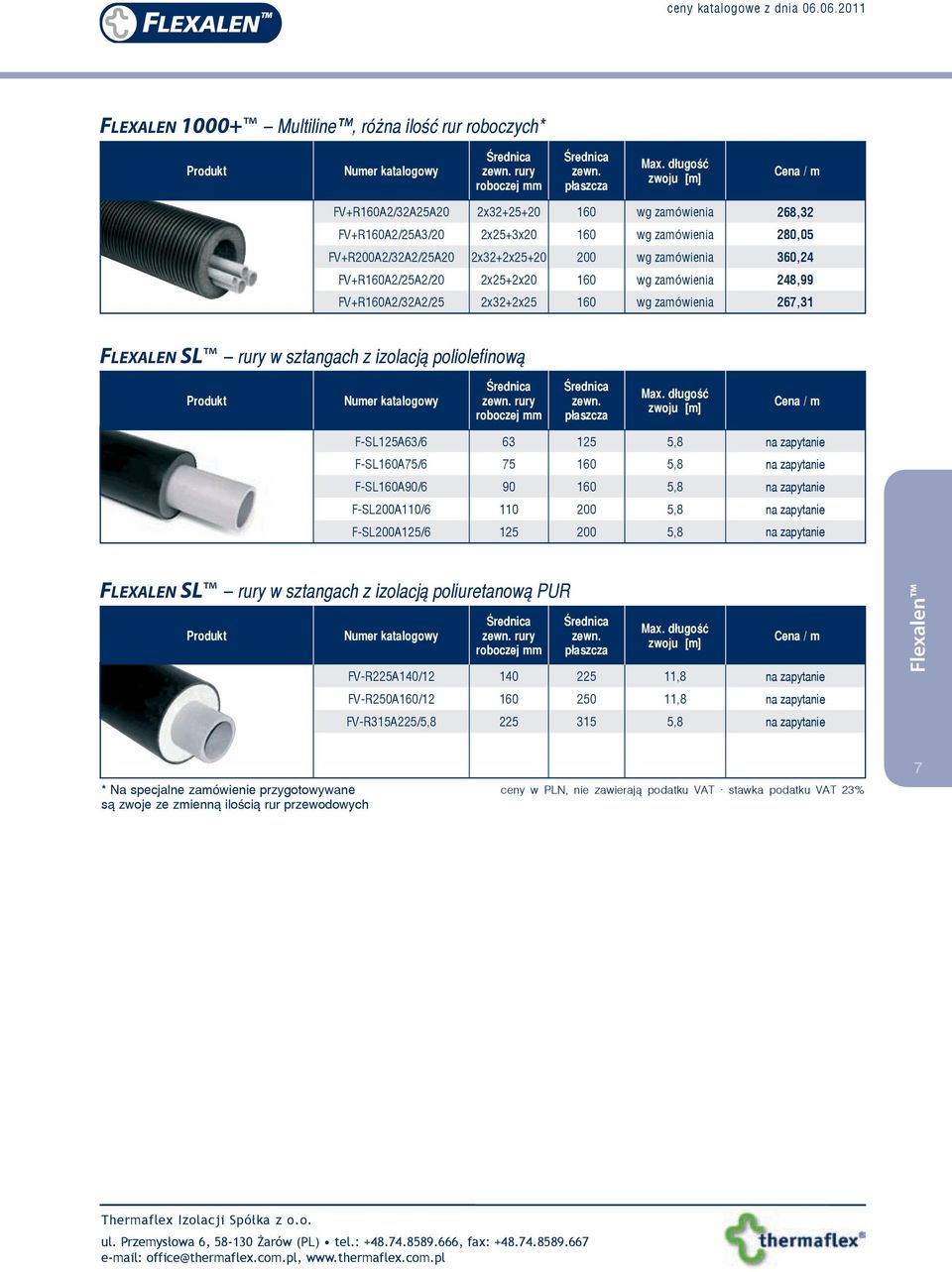 FV+R160A2/25A2/20 2x25+2x20 160 wg zamówienia 248,99 FV+R160A2/32A2/25 2x32+2x25 160 wg zamówienia 267,31 Flexalen SL rury w sztangach z izolacją poliolefinową Produkt Numer katalogowy Średnica zewn.