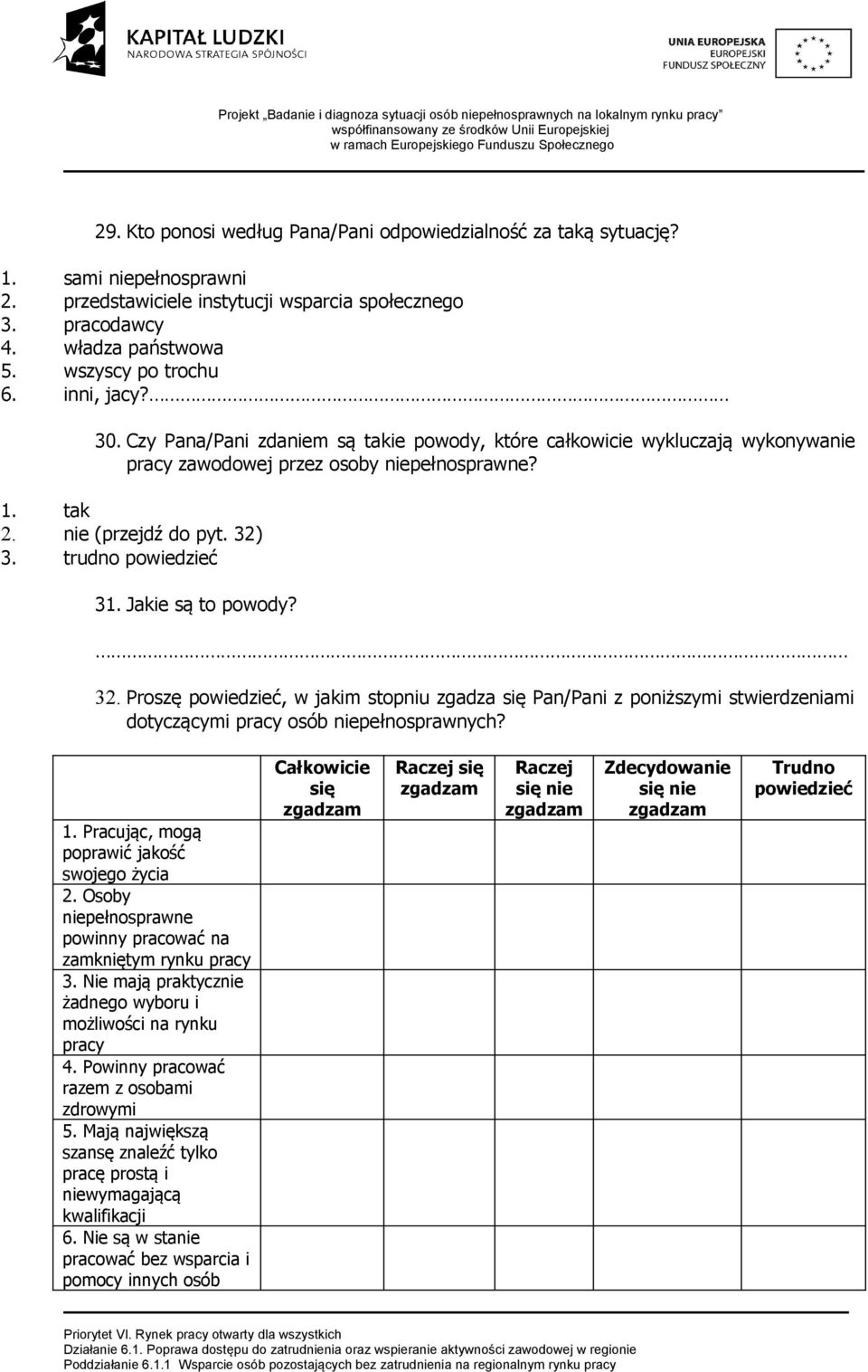 Jakie są to powody? 32. Proszę powiedzieć, w jakim stopniu zgadza się Pan/Pani z poniższymi stwierdzeniami dotyczącymi pracy osób niepełnosprawnych? 1. Pracując, mogą poprawić jakość swojego życia 2.