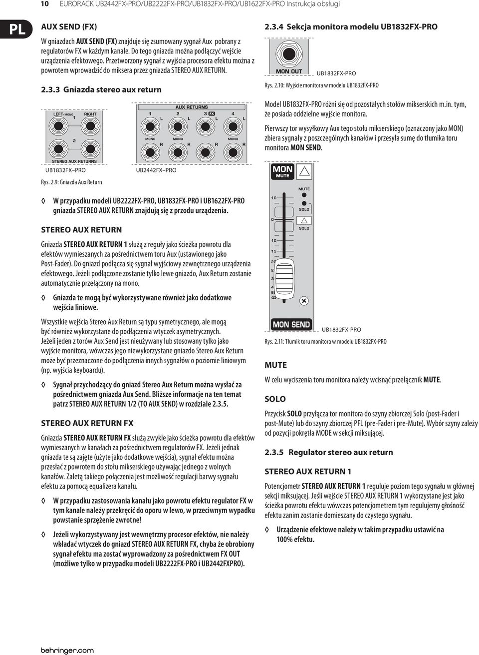 3 Gniazda stereo aux return 2.3.4 Sekcja monitora modelu UB1832FX-PRO UB1832FX-PRO Rys. 2.10: Wyjście monitora w modelu UB1832FX-PRO Model UB1832FX-PRO różni się od pozostałych stołów mikserskich m.