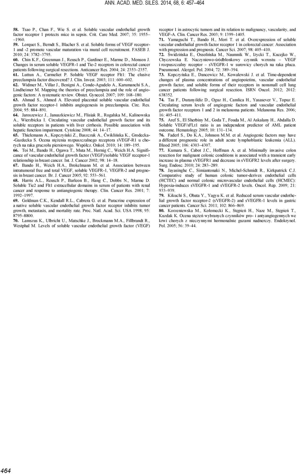 , Reusch P., Gardiner E., Marme D., Monson J. Changes in serum soluble VEGFR-1 and Tie-2 receptors in colorectal cancer patients following surgical resections. Anticancer Res. 2004; 24: 2353 2357. 61.