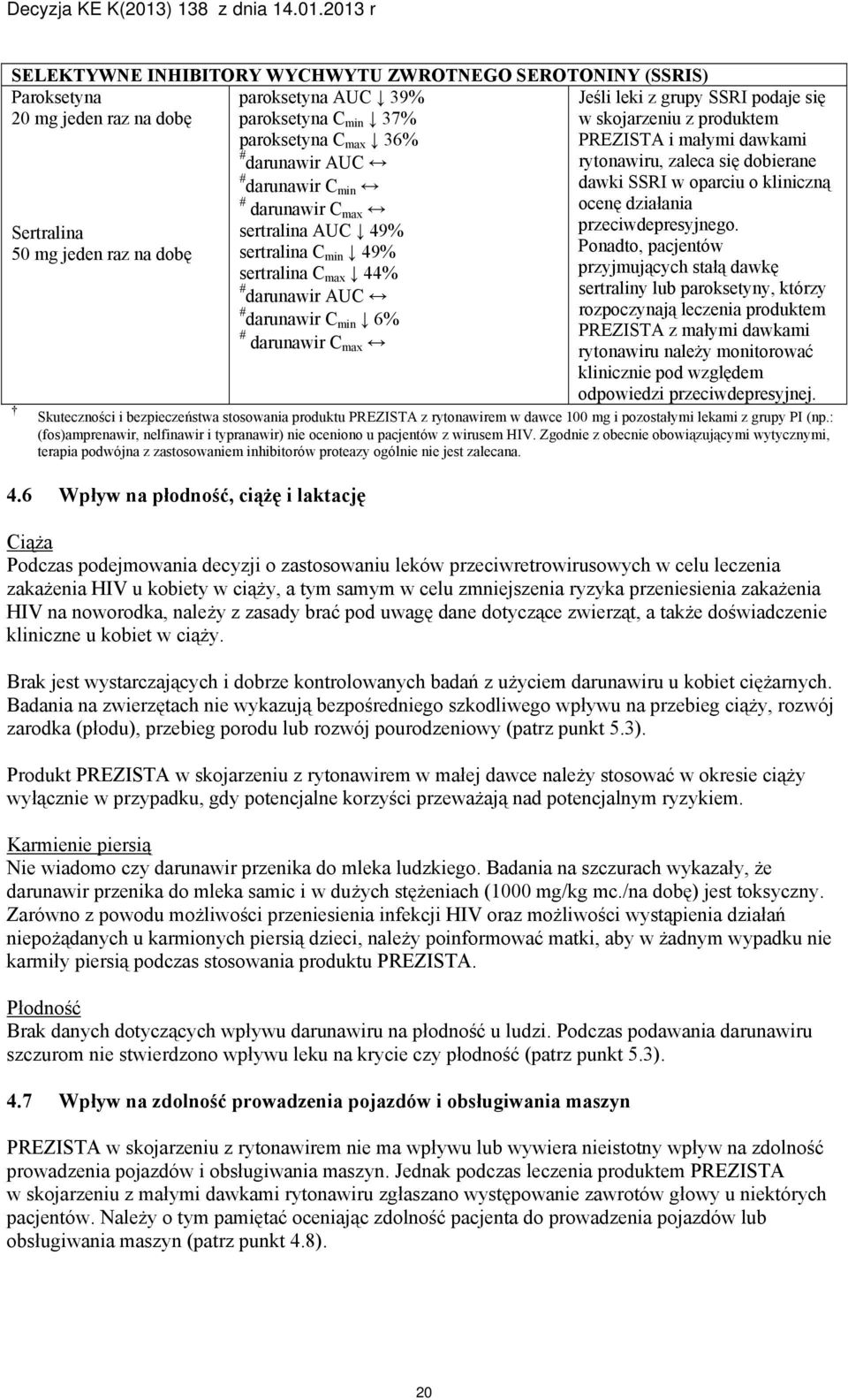 się w skojarzeniu z produktem PREZISTA i małymi dawkami rytonawiru, zaleca się dobierane dawki SSRI w oparciu o kliniczną ocenę działania przeciwdepresyjnego.