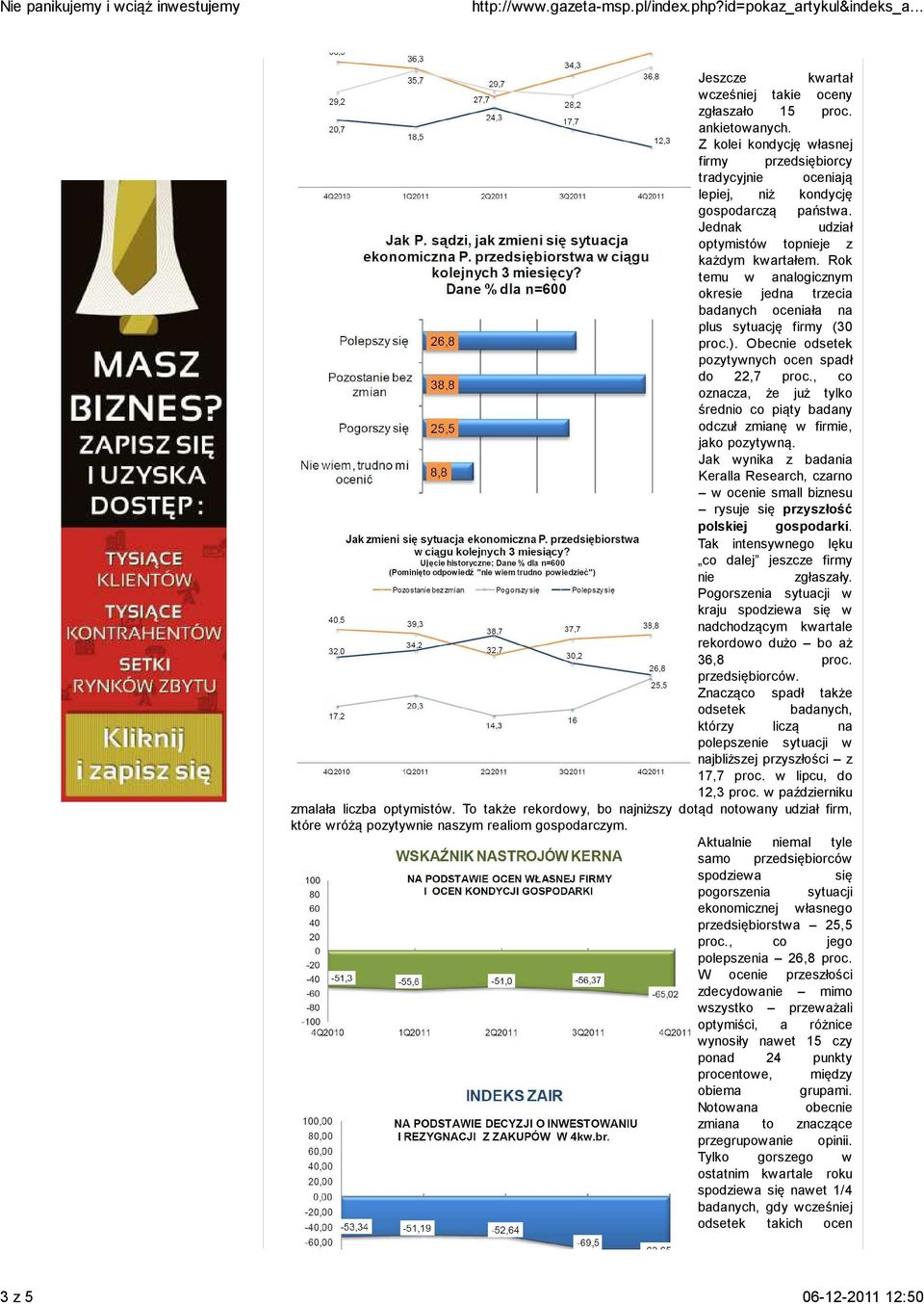 Rok temu w analogicznym okresie jedna trzecia badanych oceniała na plus sytuację firmy (30 proc.). Obecnie odsetek pozytywnych ocen spadł do 22,7 proc.