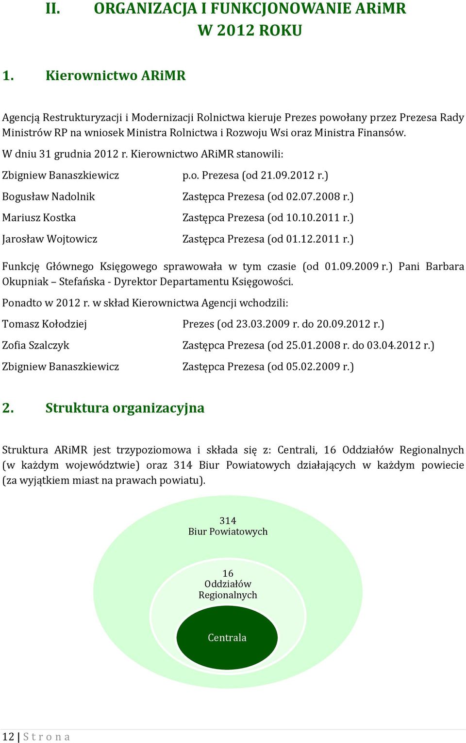 W dniu 31 grudnia 2012 r. Kierownictwo ARiMR stanowili: Zbigniew Banaszkiewicz Bogusław Nadolnik Mariusz Kostka Jarosław Wojtowicz p.o. Prezesa (od 21.09.2012 r.) Zastępca Prezesa (od 02.07.2008 r.