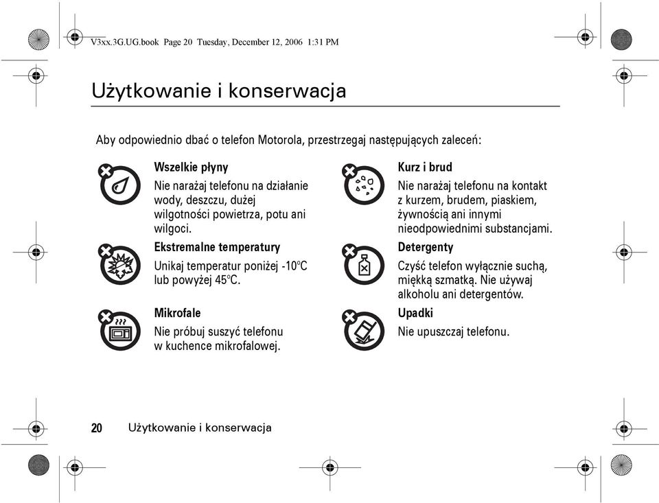 Wszelkie płyny Nie narażaj telefonu na działanie wody, deszczu, dużej wilgotności powietrza, potu ani wilgoci.