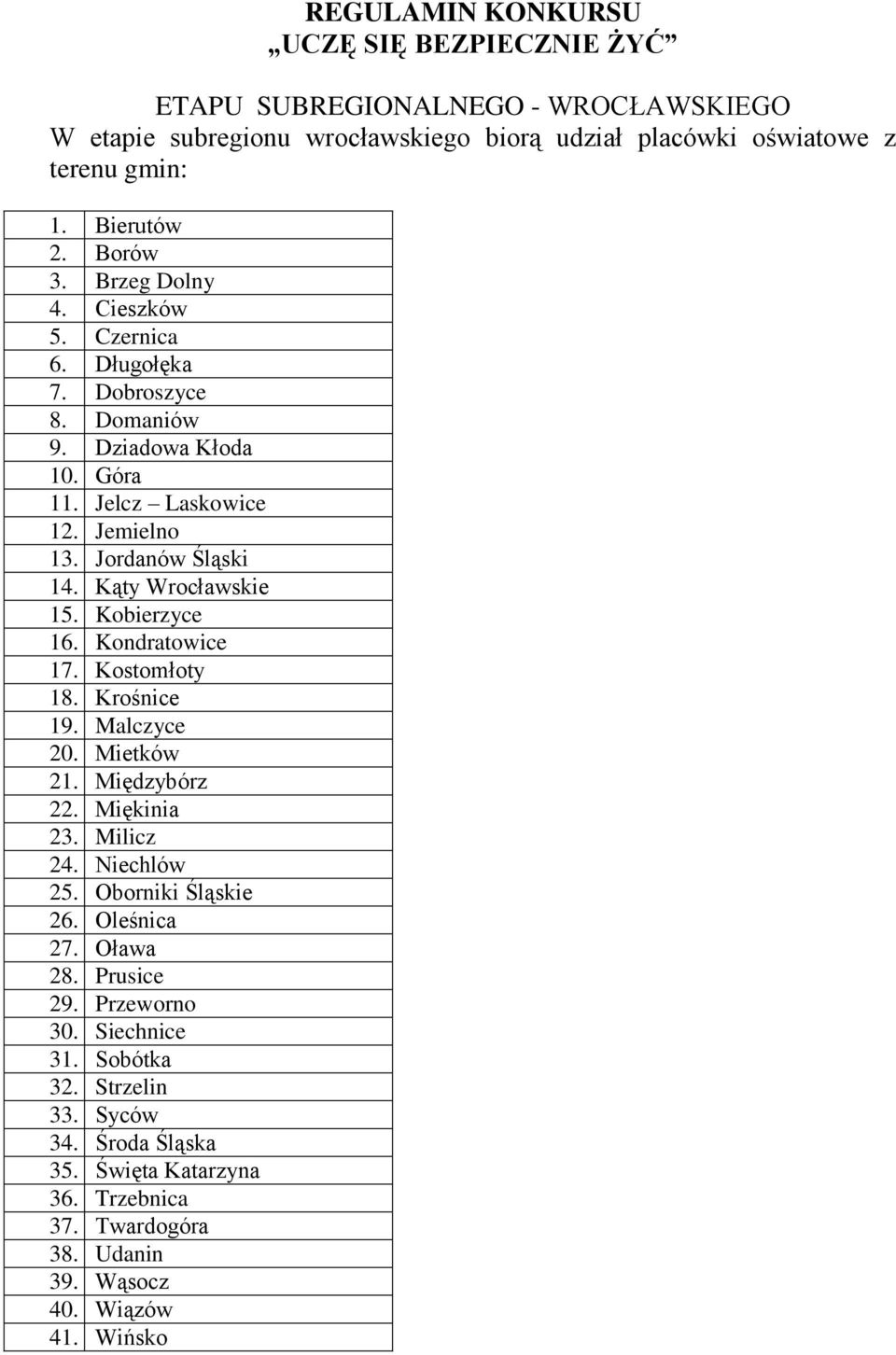 Kąty Wrocławskie 15. Kobierzyce 16. Kondratowice 17. Kostomłoty 18. Krośnice 19. Malczyce 20. Mietków 21. Międzybórz 22. Miękinia 23. Milicz 24. Niechlów 25. Oborniki Śląskie 26.