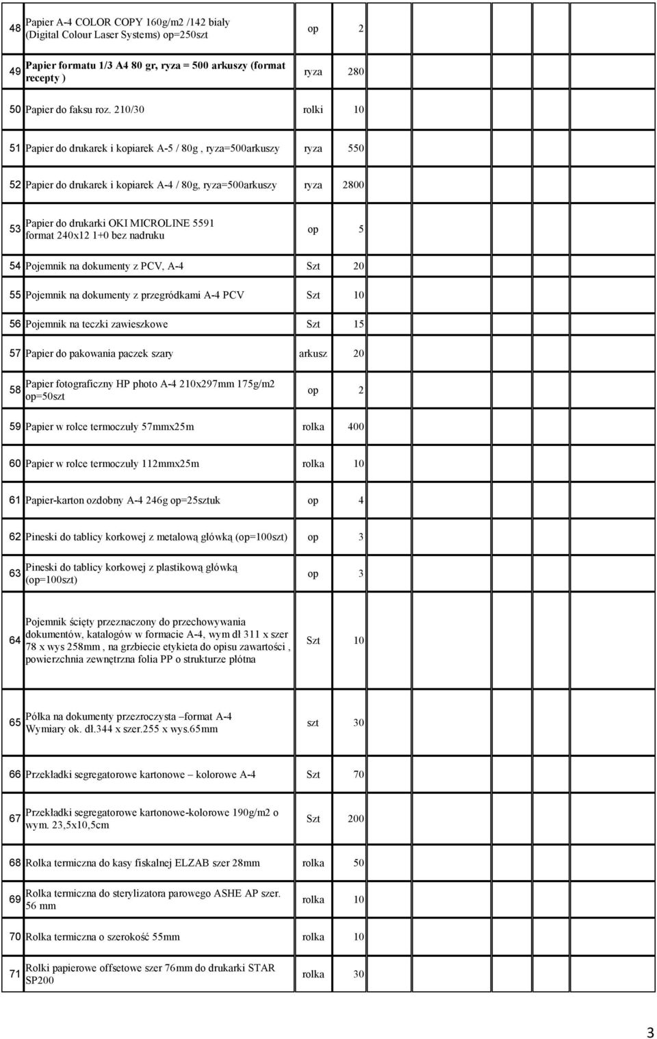 format 240x12 1+0 bez nadruku op 5 54 Pojemnik na dokumenty z PCV, A-4 Szt 20 55 Pojemnik na dokumenty z przegródkami A-4 PCV 56 Pojemnik na teczki zawieszkowe Szt 15 57 Papier do pakowania paczek