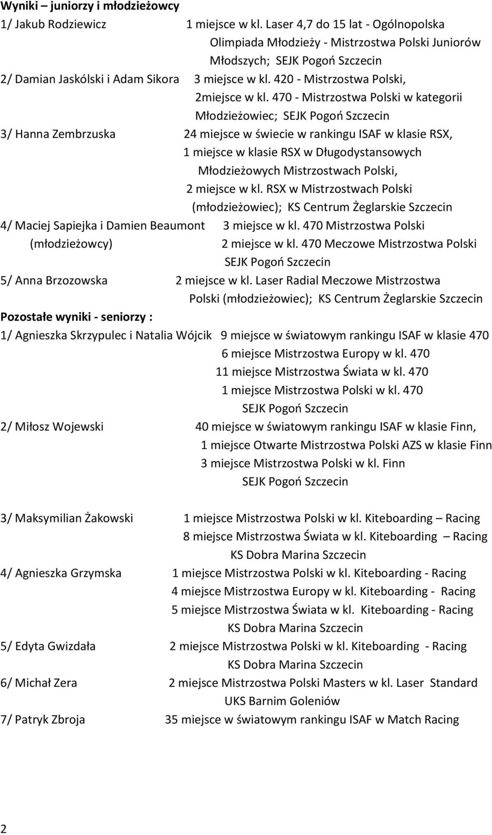 470 - Mistrzostwa Polski w kategorii Młodzieżowiec; 3/ Hanna Zembrzuska 24 miejsce w świecie w rankingu ISAF w klasie RSX, 1 miejsce w klasie RSX w Długodystansowych Młodzieżowych Mistrzostwach