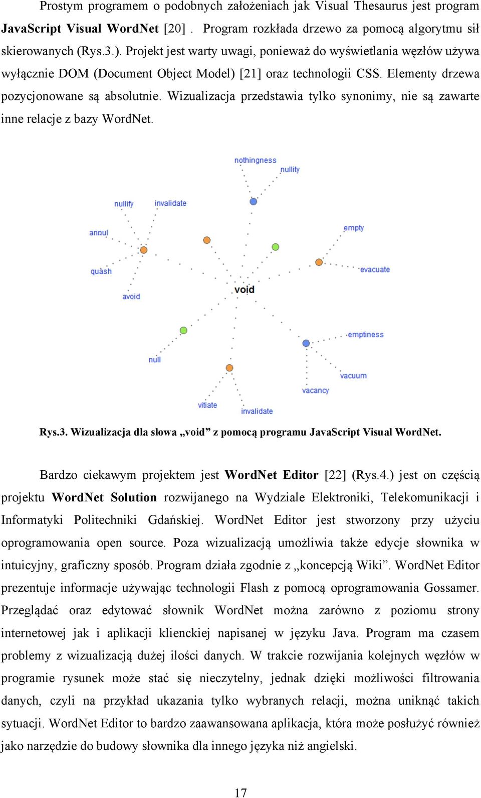 Wizualizacja przedstawia tylko synonimy, nie są zawarte inne relacje z bazy WordNet. Rys.3. Wizualizacja dla słowa void z pomocą programu JavaScript Visual WordNet.