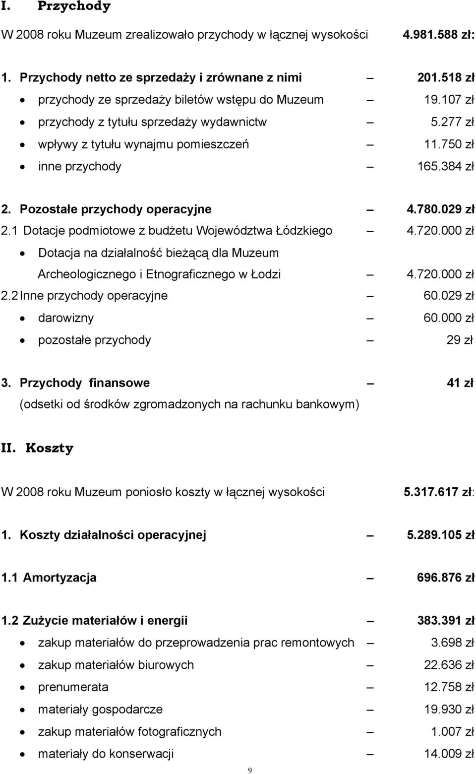 Pozostałe przychody operacyjne 4.780.029 zł 2.1 Dotacje podmiotowe z budżetu Województwa Łódzkiego 4.720.000 zł Dotacja na działalność bieżącą dla Muzeum Archeologicznego i Etnograficznego w Łodzi 4.