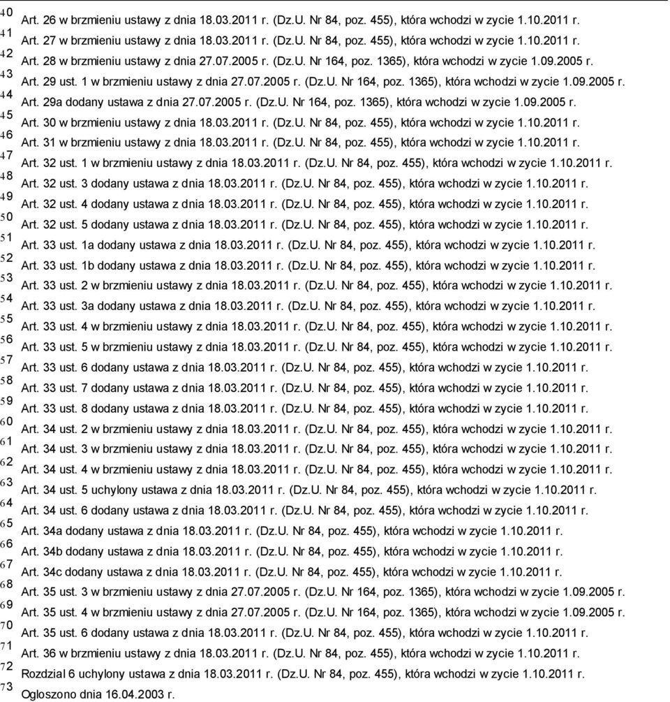 29a dodany ustawa z dnia 27.07.2005 r. (Dz.U. Nr 164, poz. 1365), która wchodzi w zycie 1.09.2005 r. 45 Art. 30 w brzmieniu ustawy z dnia 18.03.2011 r. (Dz.U. Nr 84, poz.